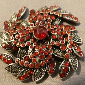 Vintage Ruby Red Brooch Crystal and Silver Brooch, 2.25"